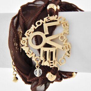 Brown Ribbon Valentine Heart Love Gold Accent Wrap Around Tie Bracelet NWT